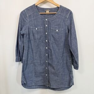 Duluth Trading Button Up Shirt Tunic Women Small Blue Chambray Cottage Organic